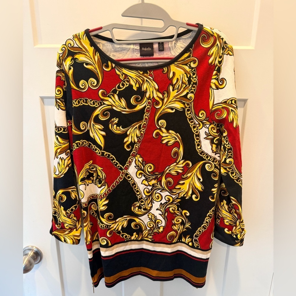 Rafaella Baroque Print Top Medium Black Red Gold Zip Hem 3/4 Sleeve